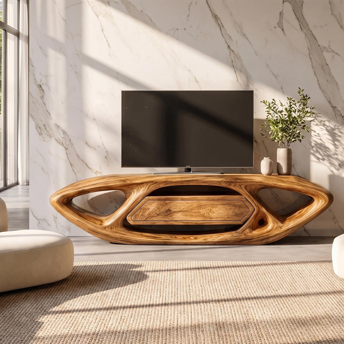 Contemporary TV Cabinet With Sculptural Oval Frame And Open Storage For Living Room SINLKITVC111