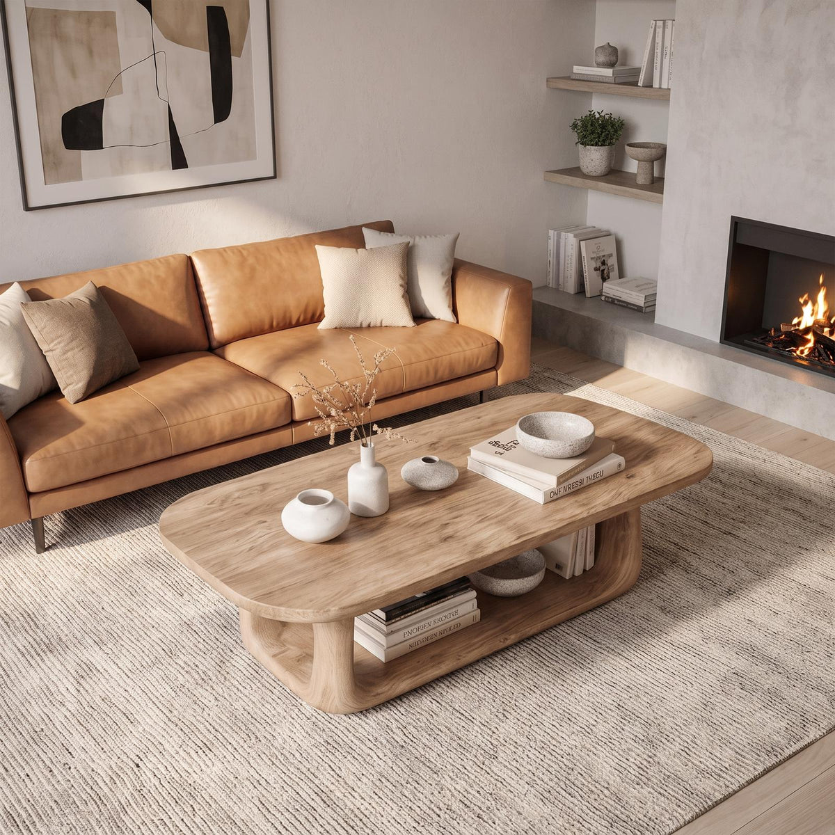 Organic Coffee Table With Sculptural Rounded Base For Living Room SINLKICF414