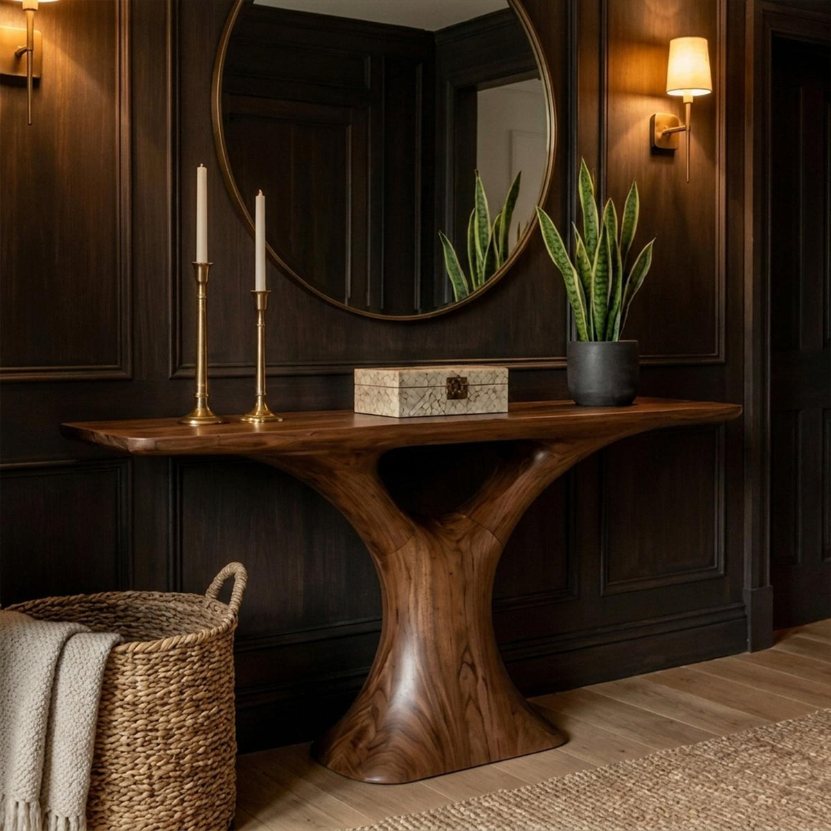 Mid Century Entry Table Smooth Sculptural Form Luxury Welcome Area