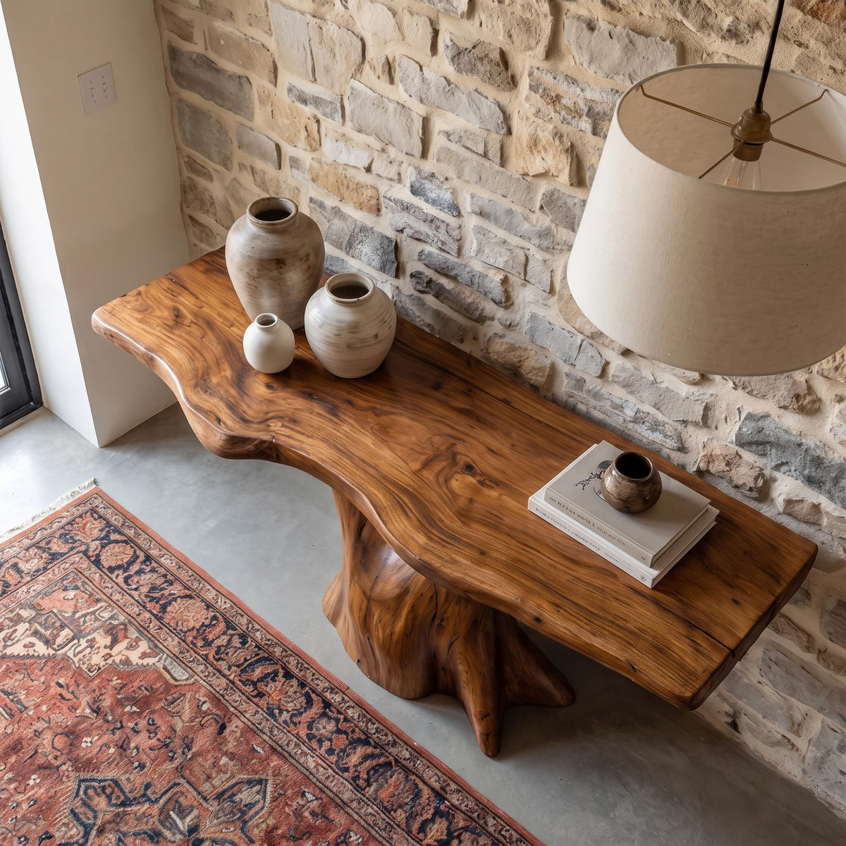 Rustic Sculptural Console Table, Natural Solid Wood Accent Sofa Table for Living Room & Foyer