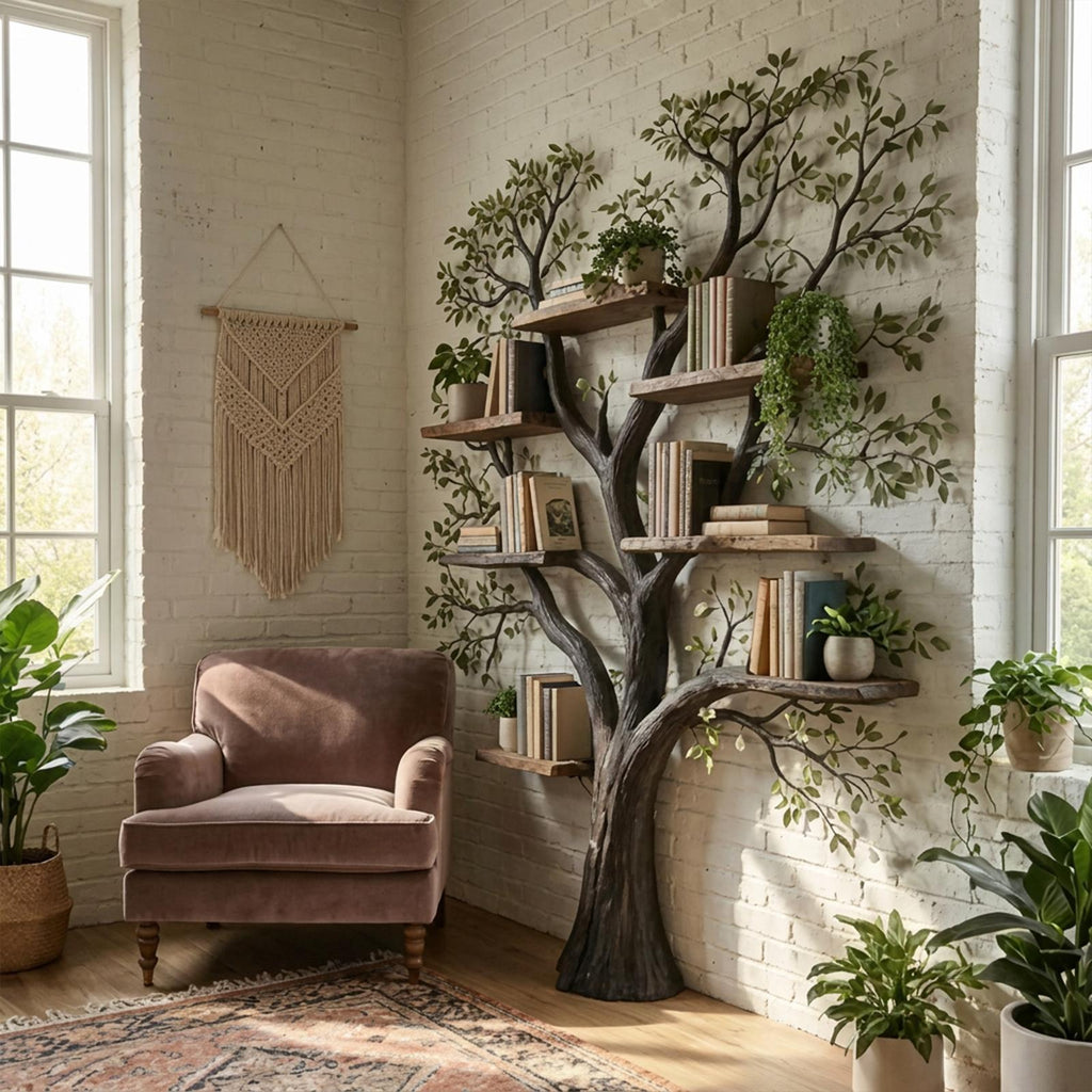 Handcrafted Wood Tree Storage Bookcase, Wall Mounted Floating Branch Display Shelf Statement Piece for Living Room