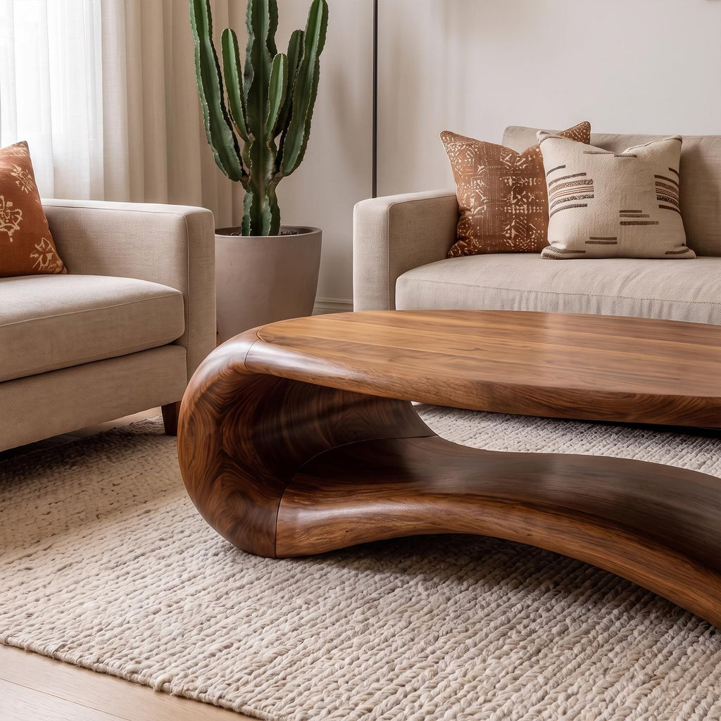 Modern Sculptural Solid Wood Coffee Table, Handcrafted Abstract Wooden Center Table for Contemporary Living Room Decor