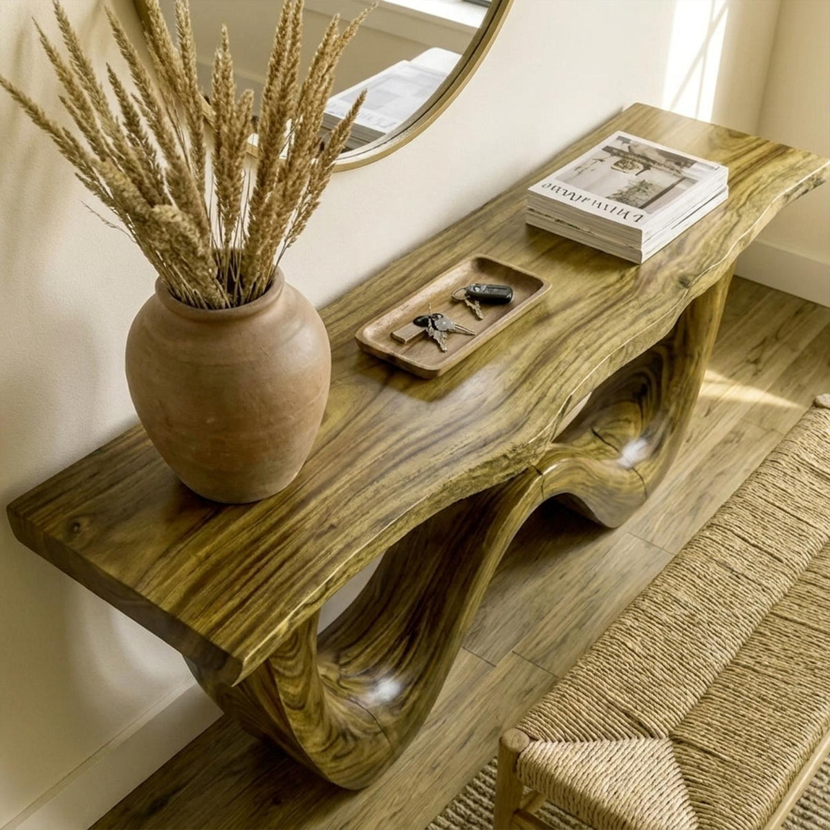 Organic Wave Base Wood Console Table, Sculptural Entryway, Hallway & Sofa Back Table