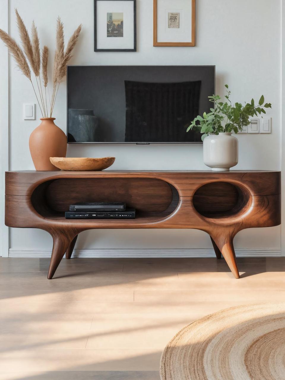 Mid Century Modern Oval TV Stand, Solid Wood Curved Media Console & Entertainment Center for Living Room