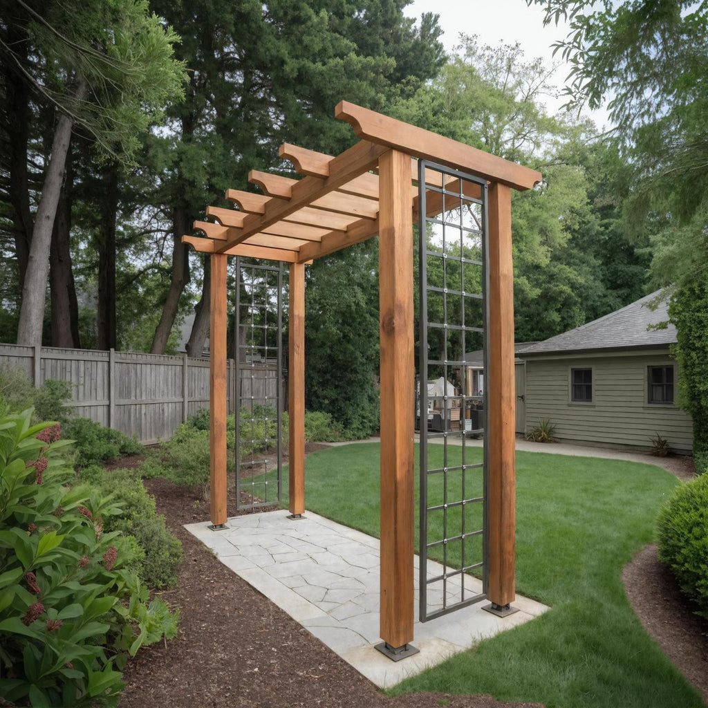 Modern Wood Garden Pergola With Metal Trellis Panels For Backyard