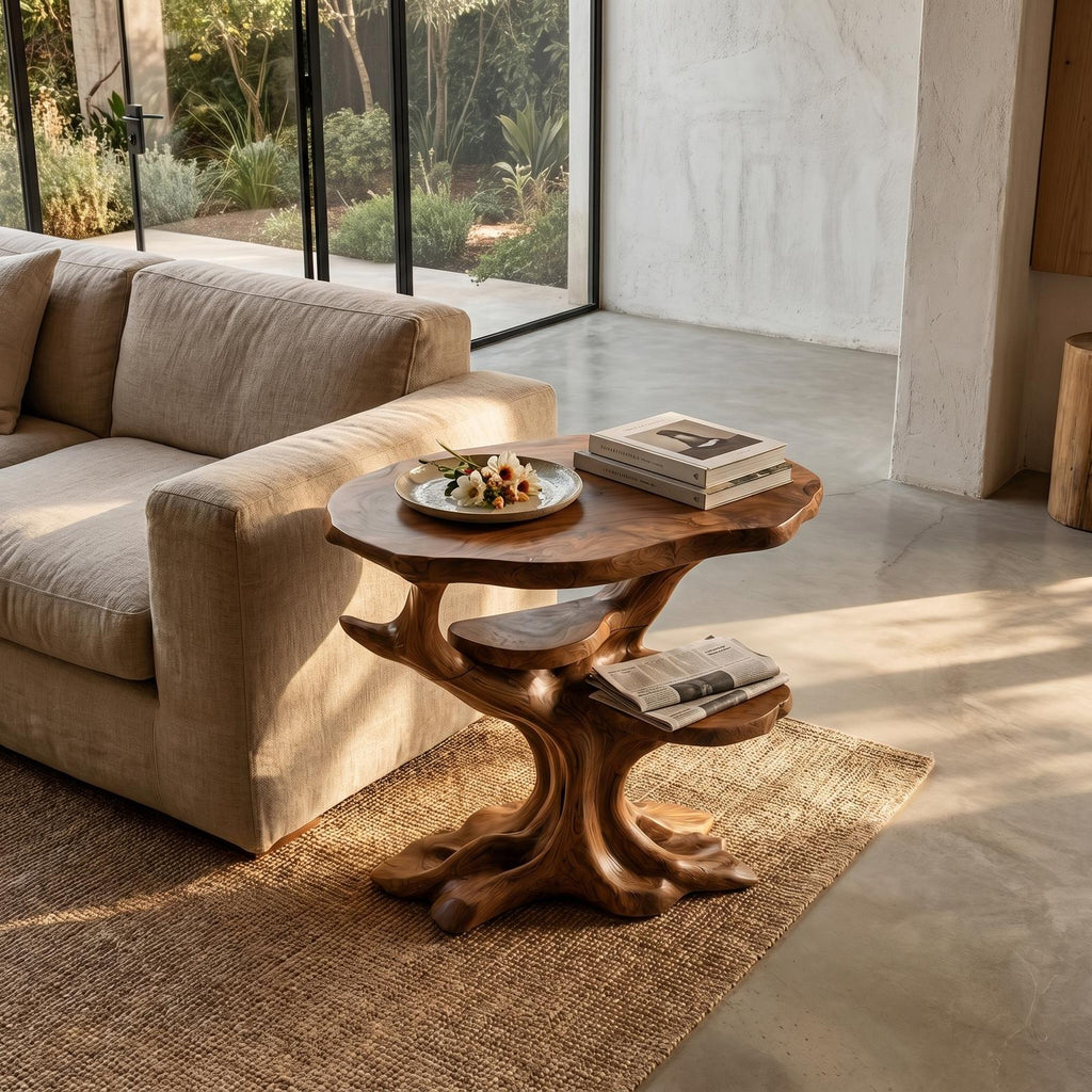 Organic Sculptural Side Table, Solid Wood Display End Table & Nightstand for Living Room and Bedroom