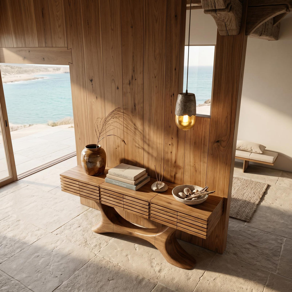 Contemporary Console Table With Curved Tree Trunk Base And Built In Storage Drawers For Living Room