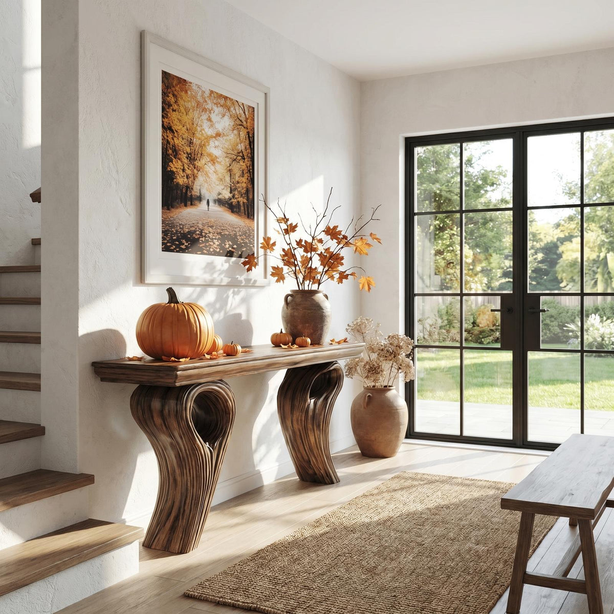 Rustic Organic Storage Console Table With Tree Inspired Base For Hallway And Living Room