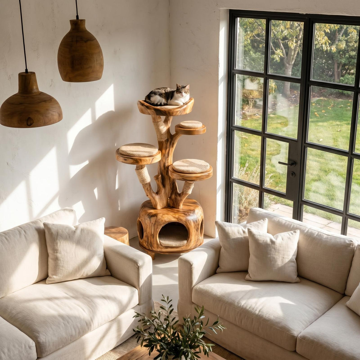 Nature Inspired Cat Tower With Cozy Hideaway Pet Bed For Home SINLHAPB012
