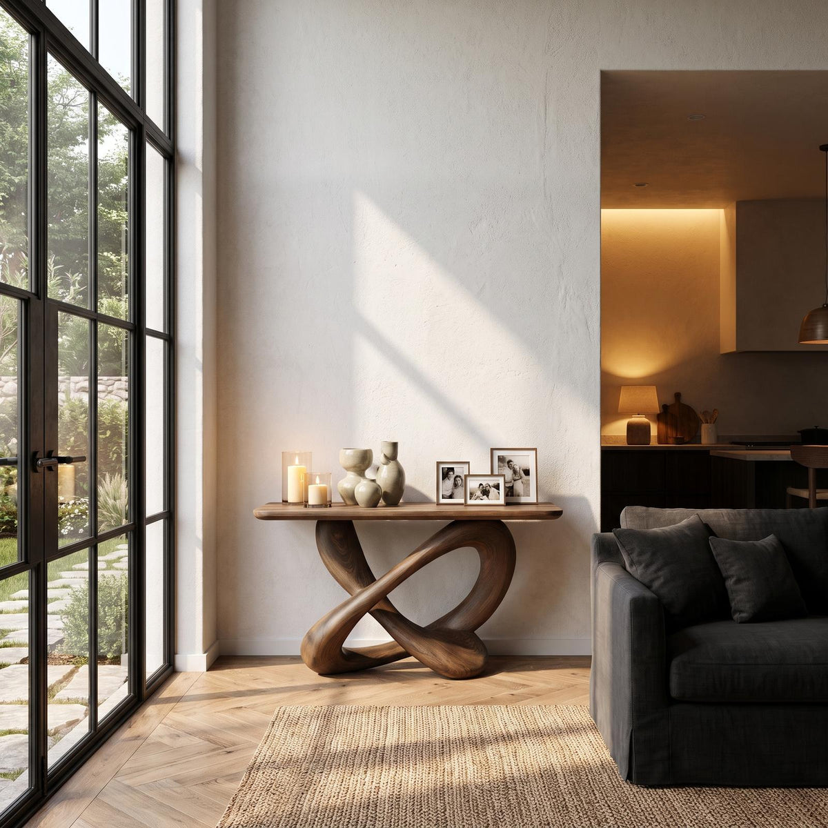 Modern Console Table With Twisted Ribbon Wood Base For Entryway