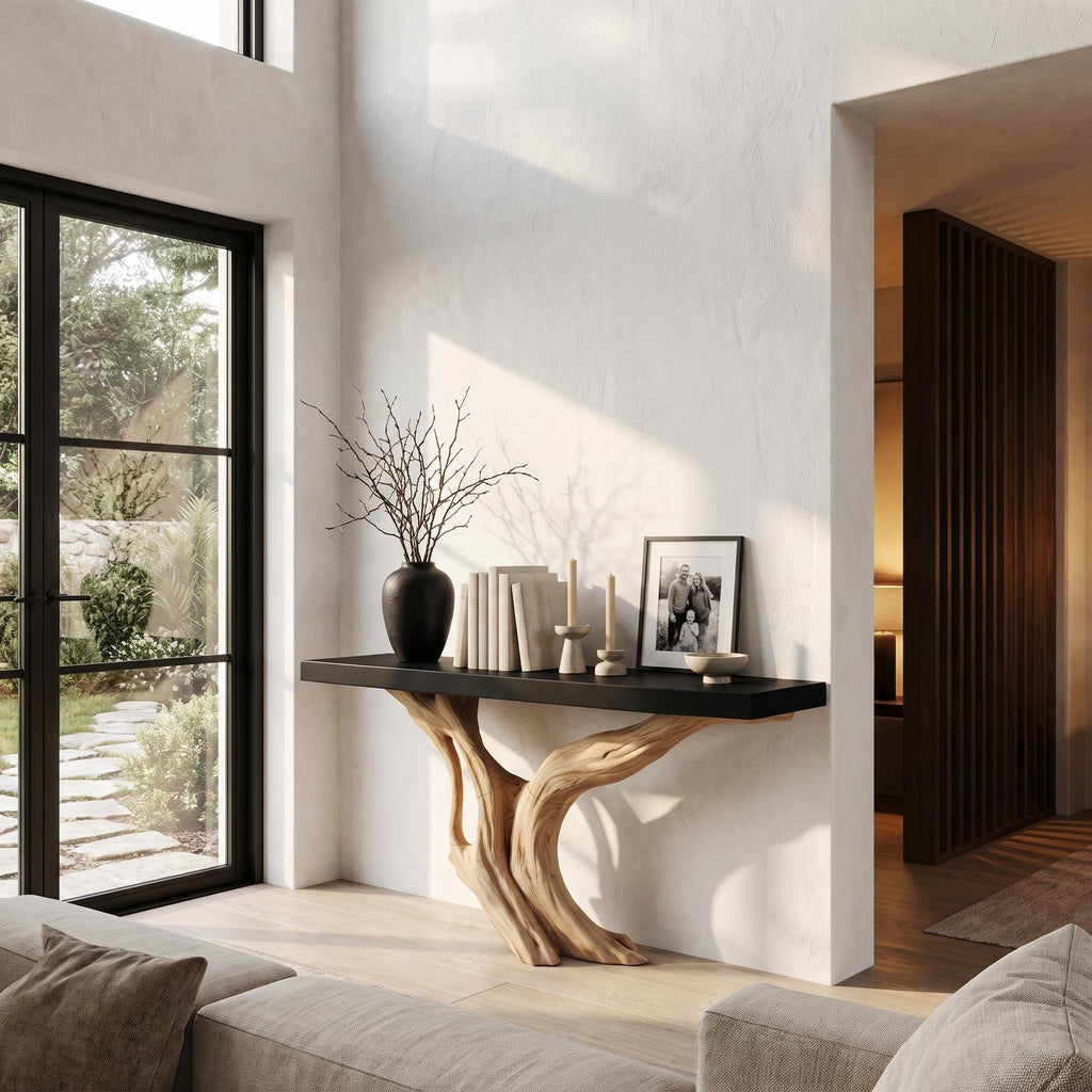 Organic Wall Mounted Console Table With Sculptural Wood Base For Hallway