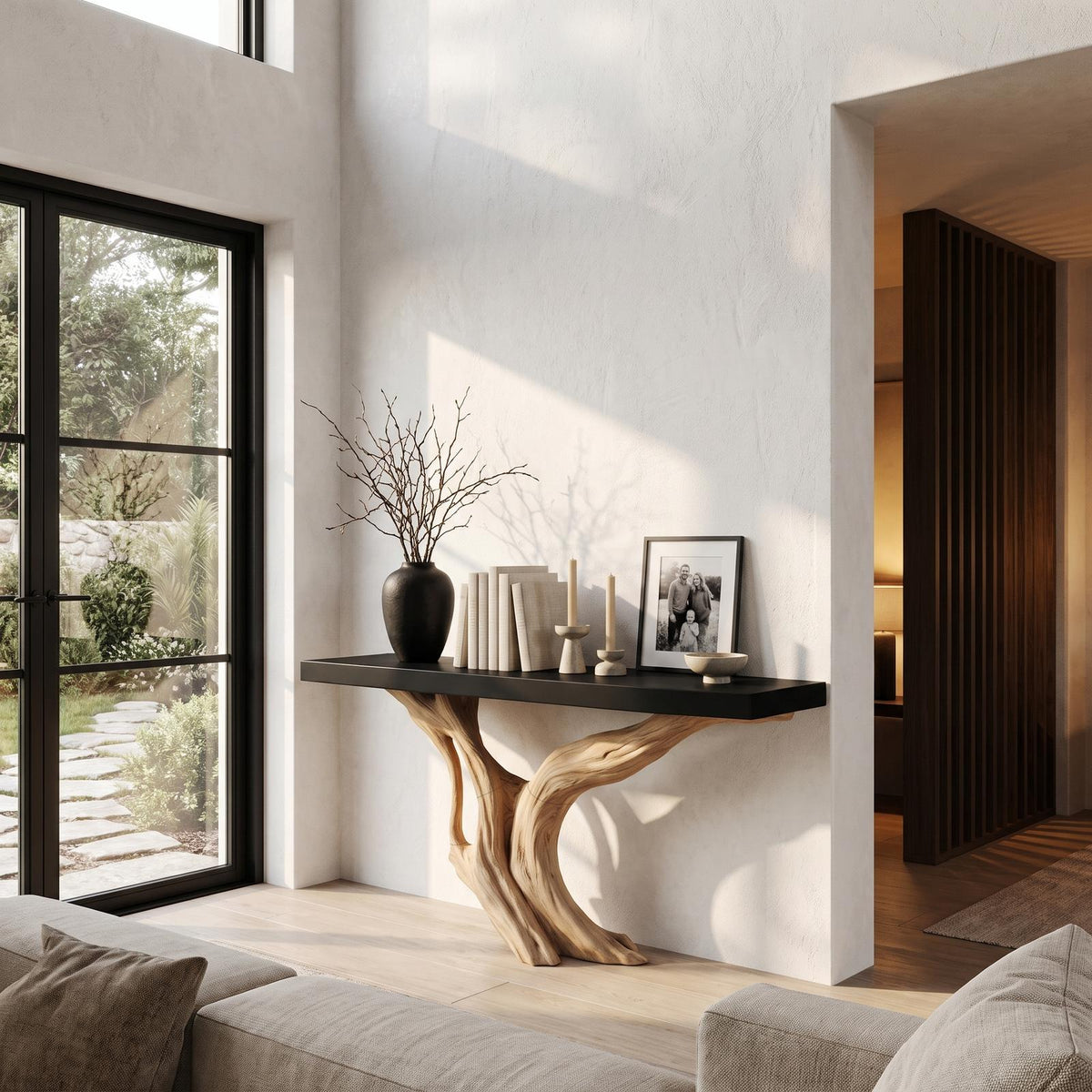 Organic Wall Mounted Console Table With Sculptural Wood Base For Hallway