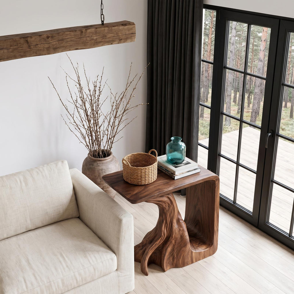 Rustic Sculptural Bedside Table With Root Inspired Base For Living Room