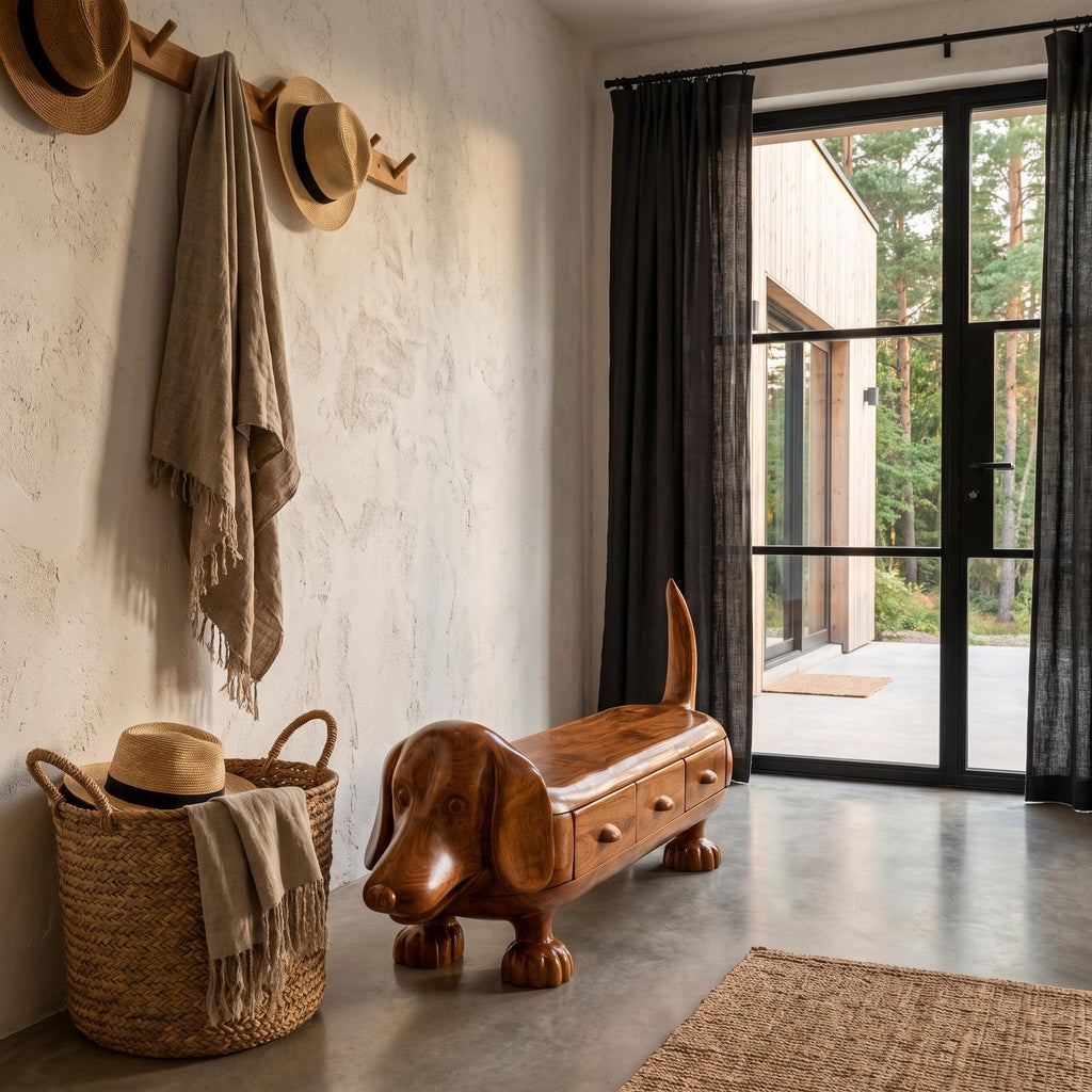 Rustic Dachshund Storage Bench For Entryway And Mudroom