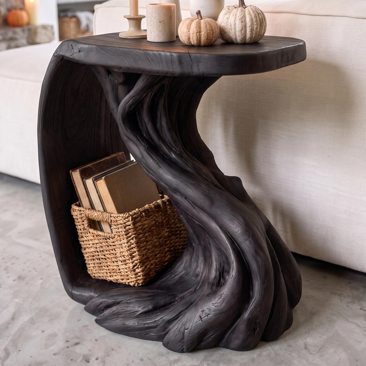 Rustic Beside Table With Halloween Inspired Twisted Base For Living Room