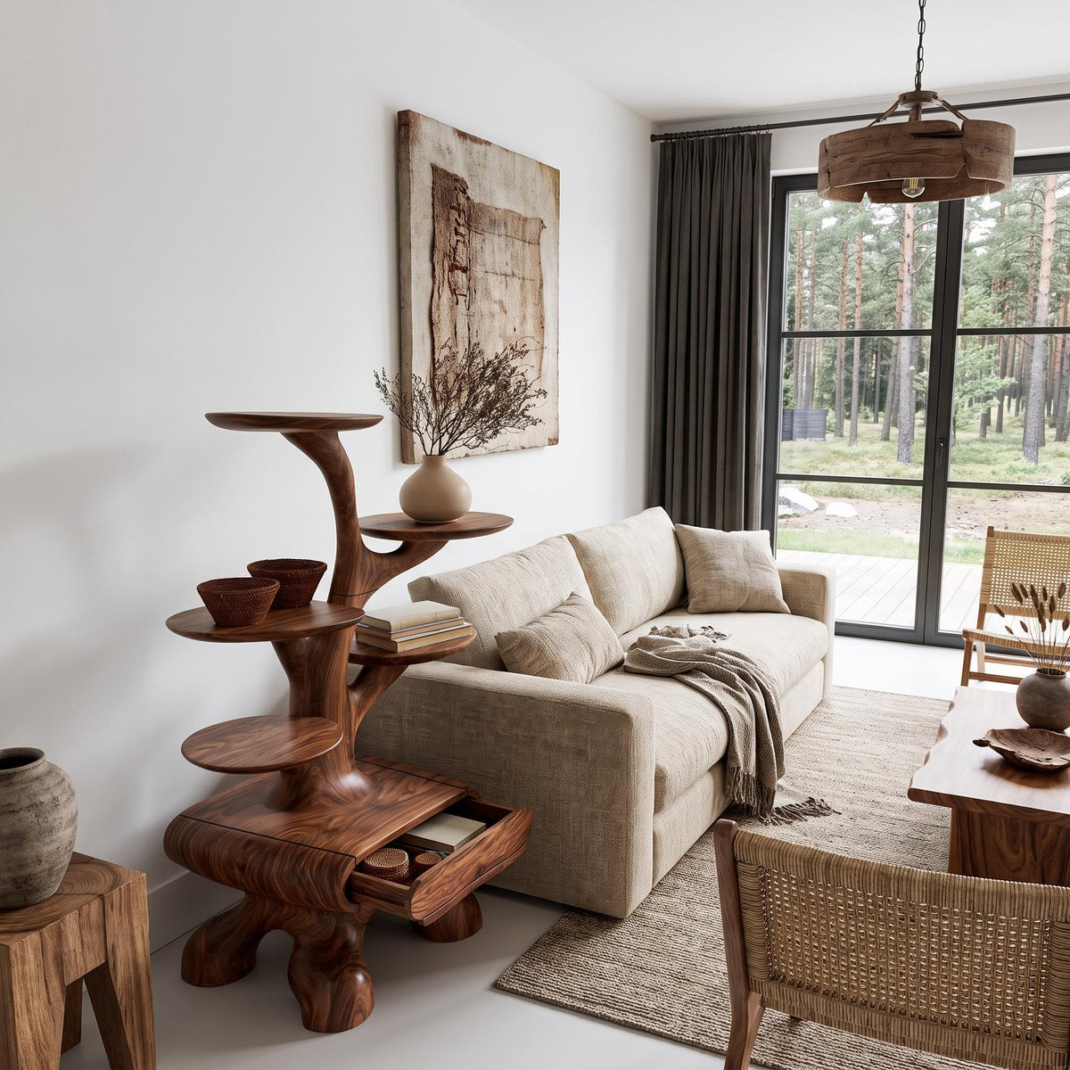 Rustic Tree Side Table With Tiered Display Shelves For Living Room