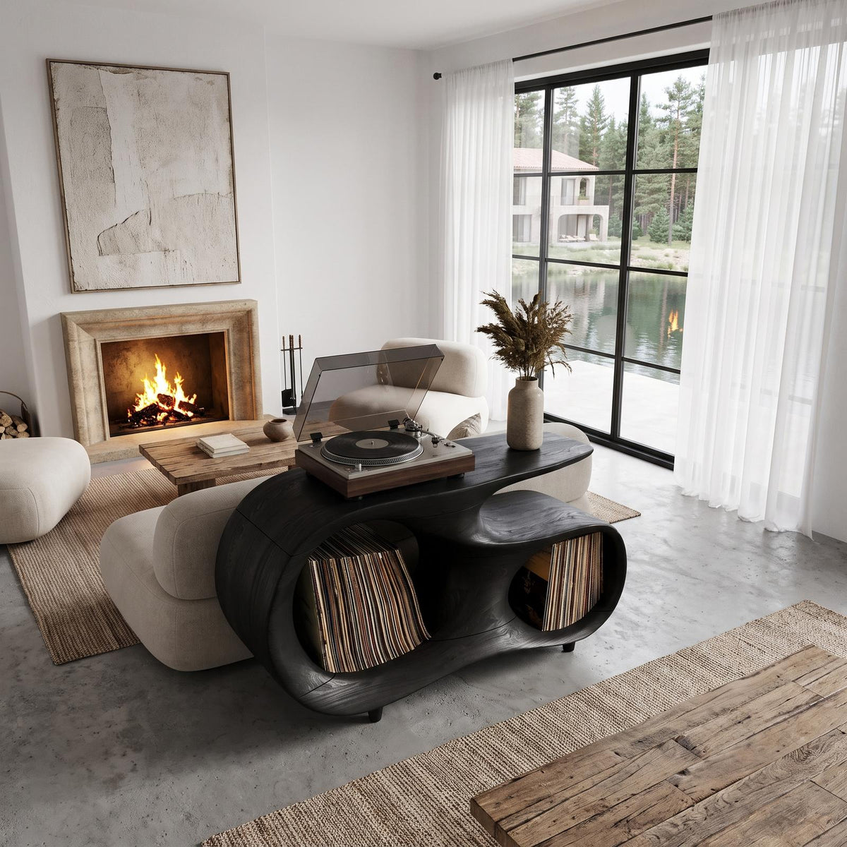 Contemporary Turntable Stand With Flowing Open Frame Design For Entryway