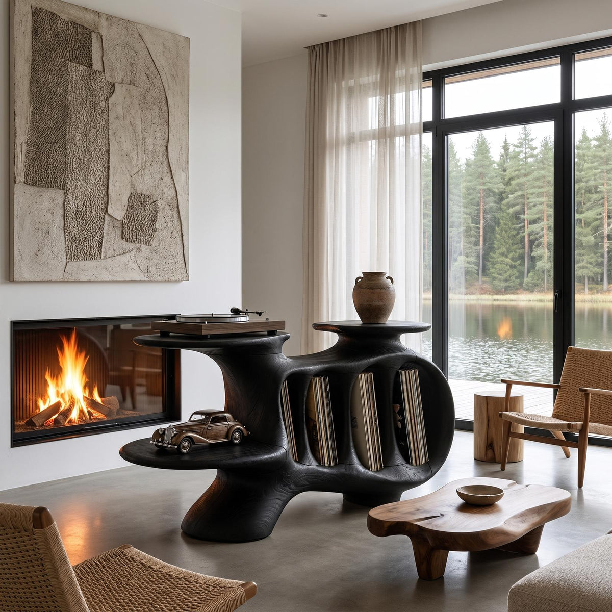 Natural Turntable Console With Sculptural Display Sections For Living Room