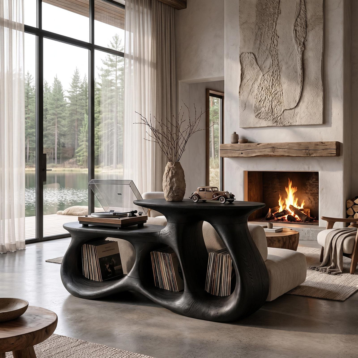 Contemporary Vinyl Record Cabinet With Interlocking Curved Forms For Living Room