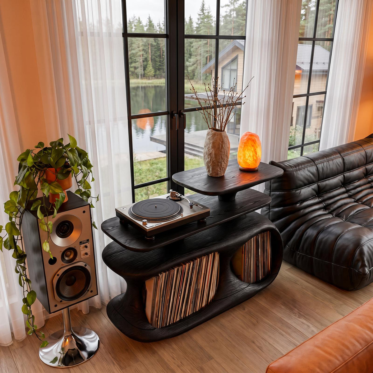 Mid Century Record Cabinet With Bold Circular Openings For Living Room