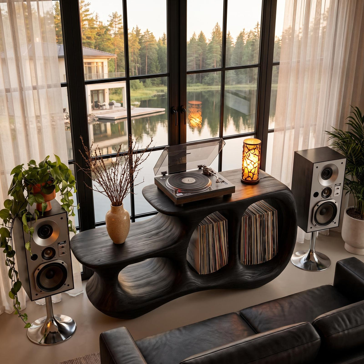Natural Record Player Stand With Flowing Sculptural Frame For Living Room