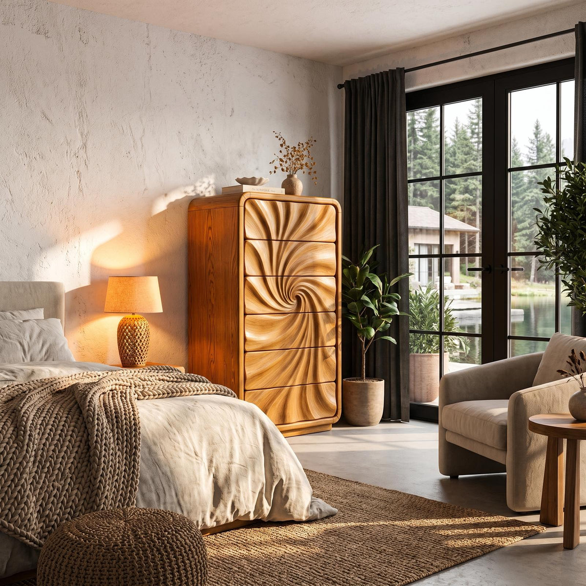 Modern Tall Dresser With Flowing Wave Drawer Design For Bedroom