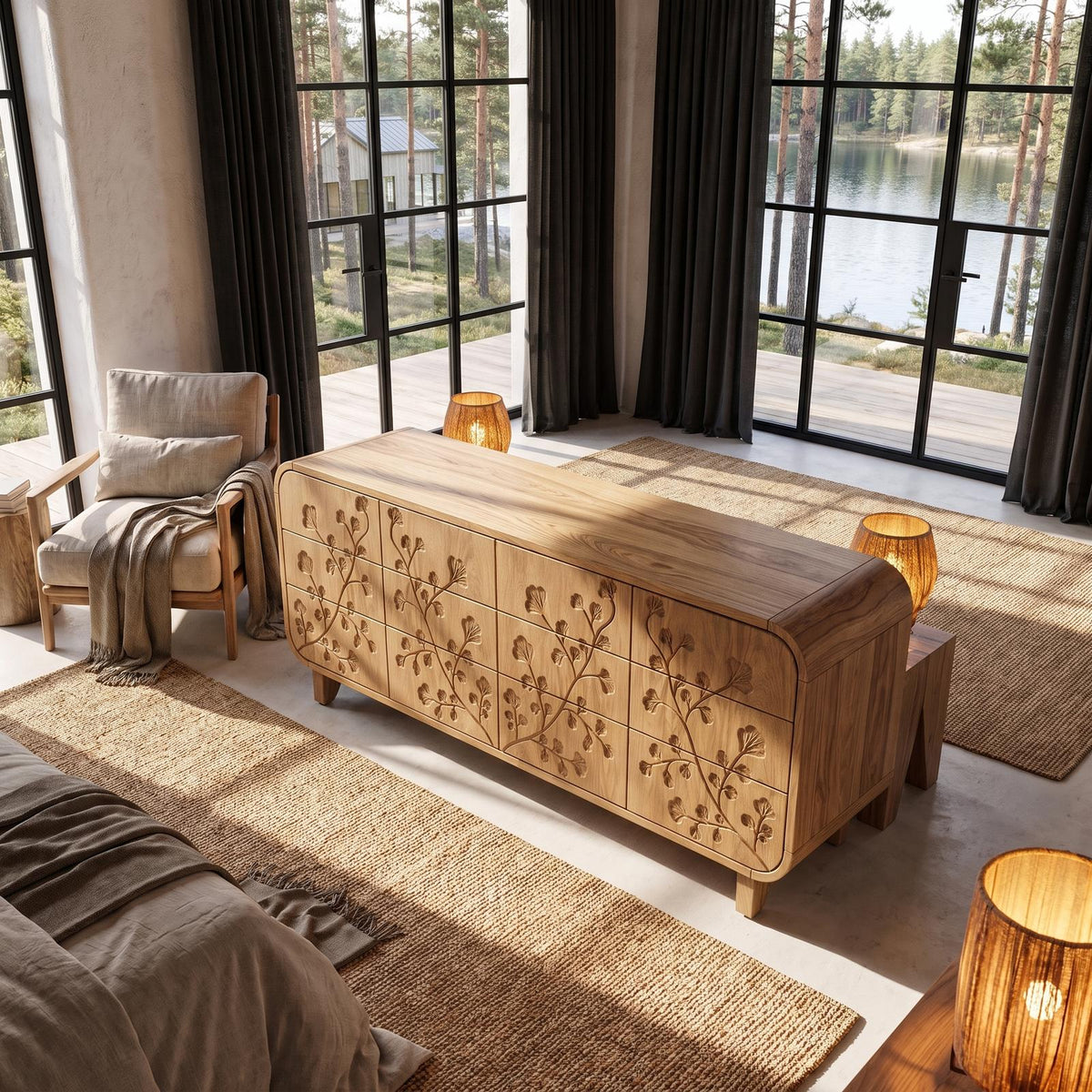 Minimalist All Wood Dresser With Subtle Leaf Carving And Soft Rounded Frame For Bedroom