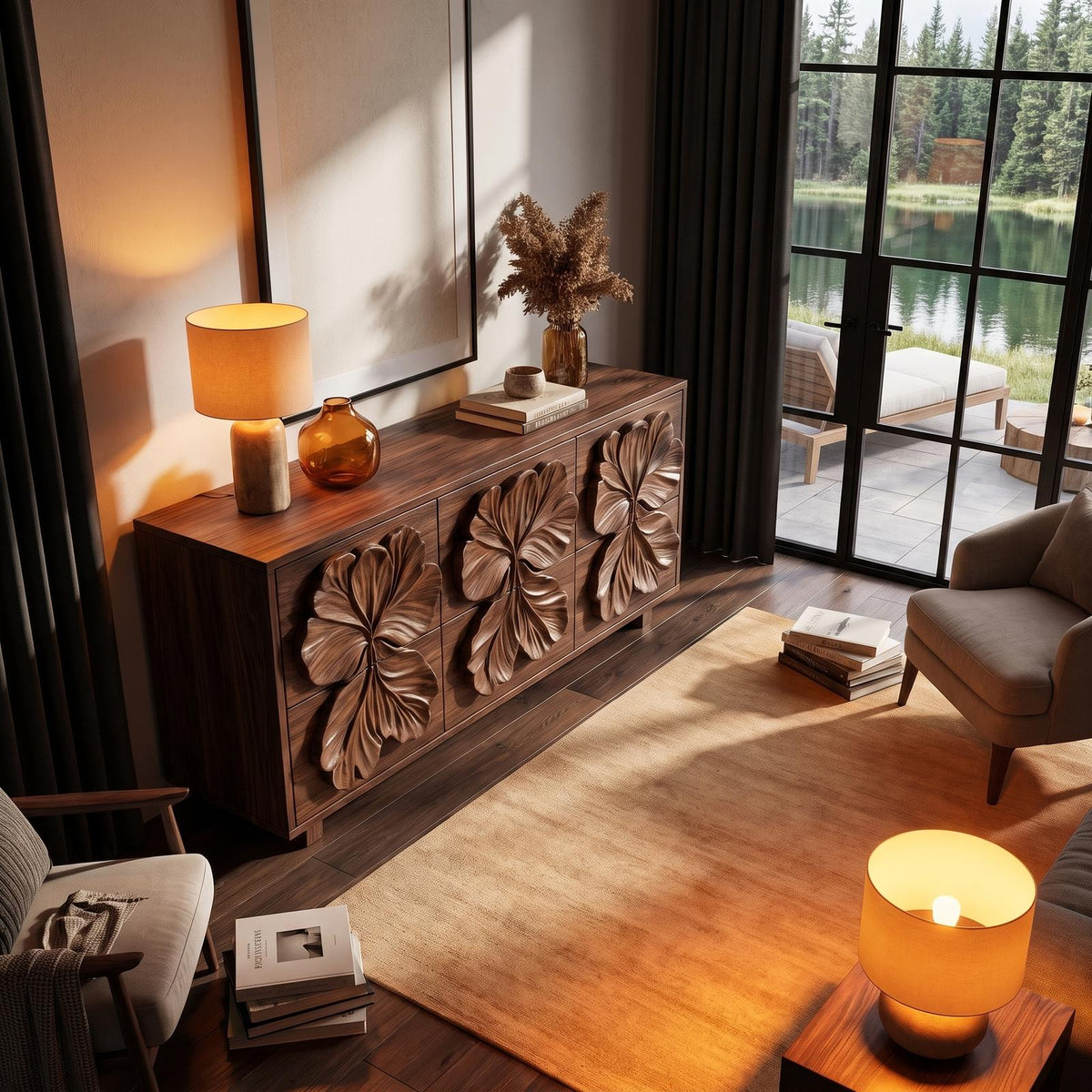 Rustic Bedroom Dresser With Hand Carved Floral Drawer Fronts And Natural Form For Bedroom