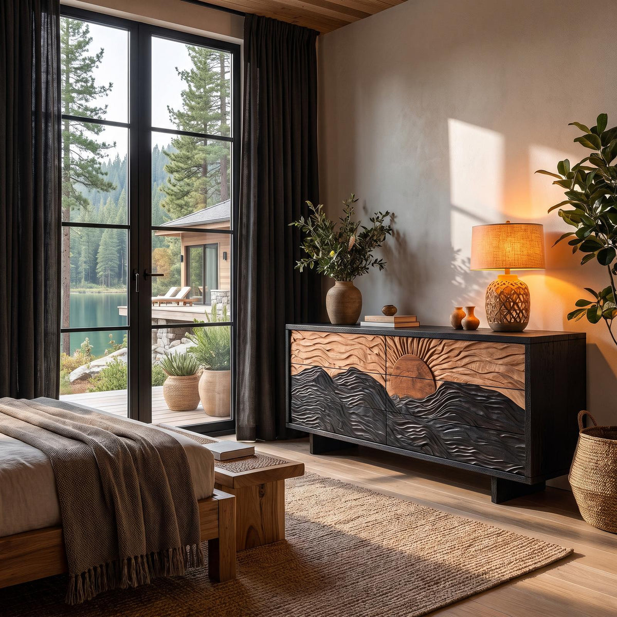Modern Black Dresser With Mountain Landscape Carved Front For Bedroom