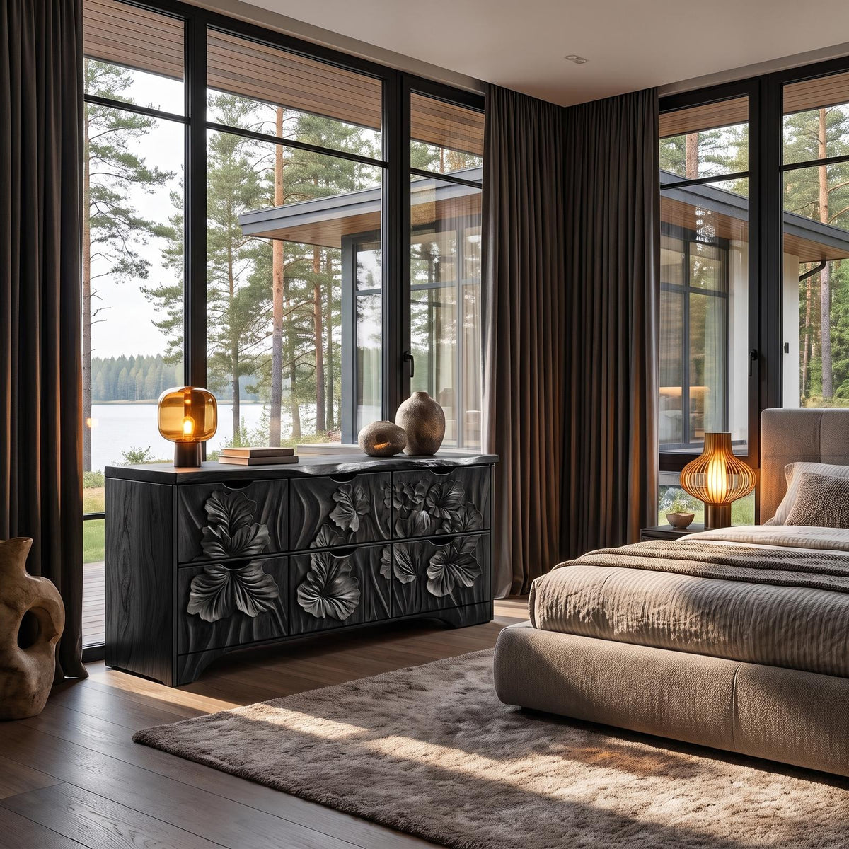 Organic Bedroom Dresser With Flowing Leaf Carved Design For Bedroom