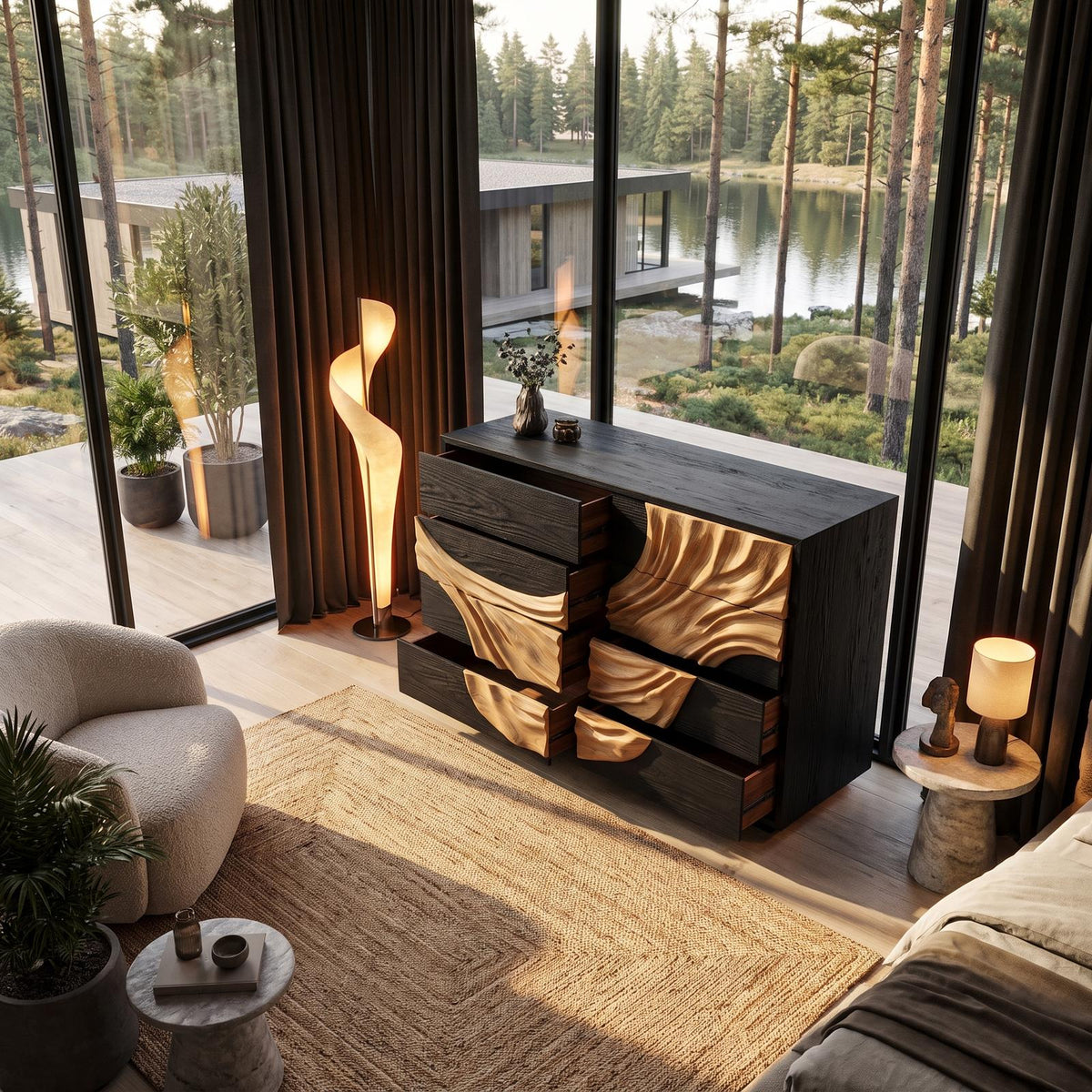 Contemporary Black Dresser With Strong Linear Detailing For Bedroom