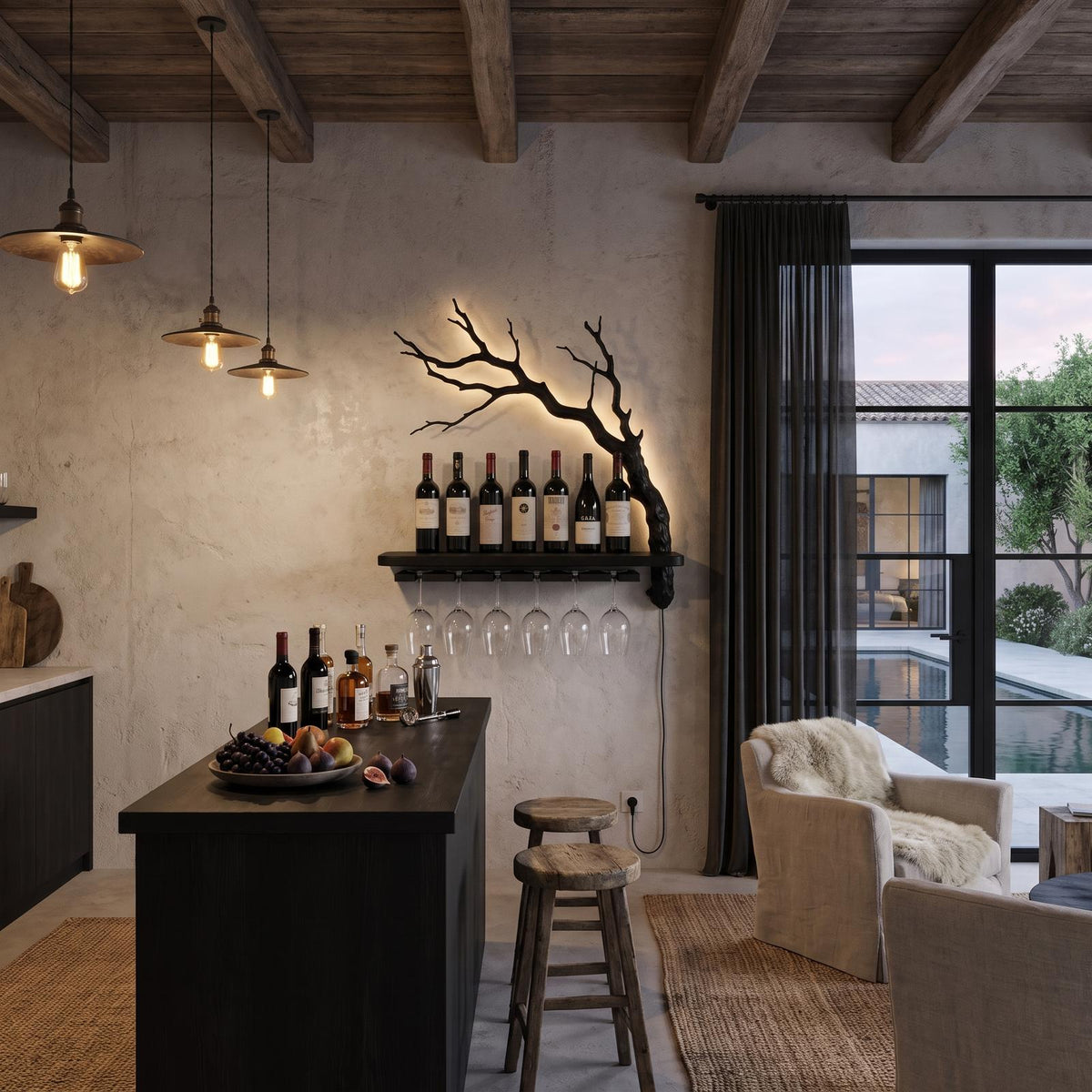 Rustic Wall Mounted Wine Rack With Wine Glass Holder For Dining Room And Home Bar