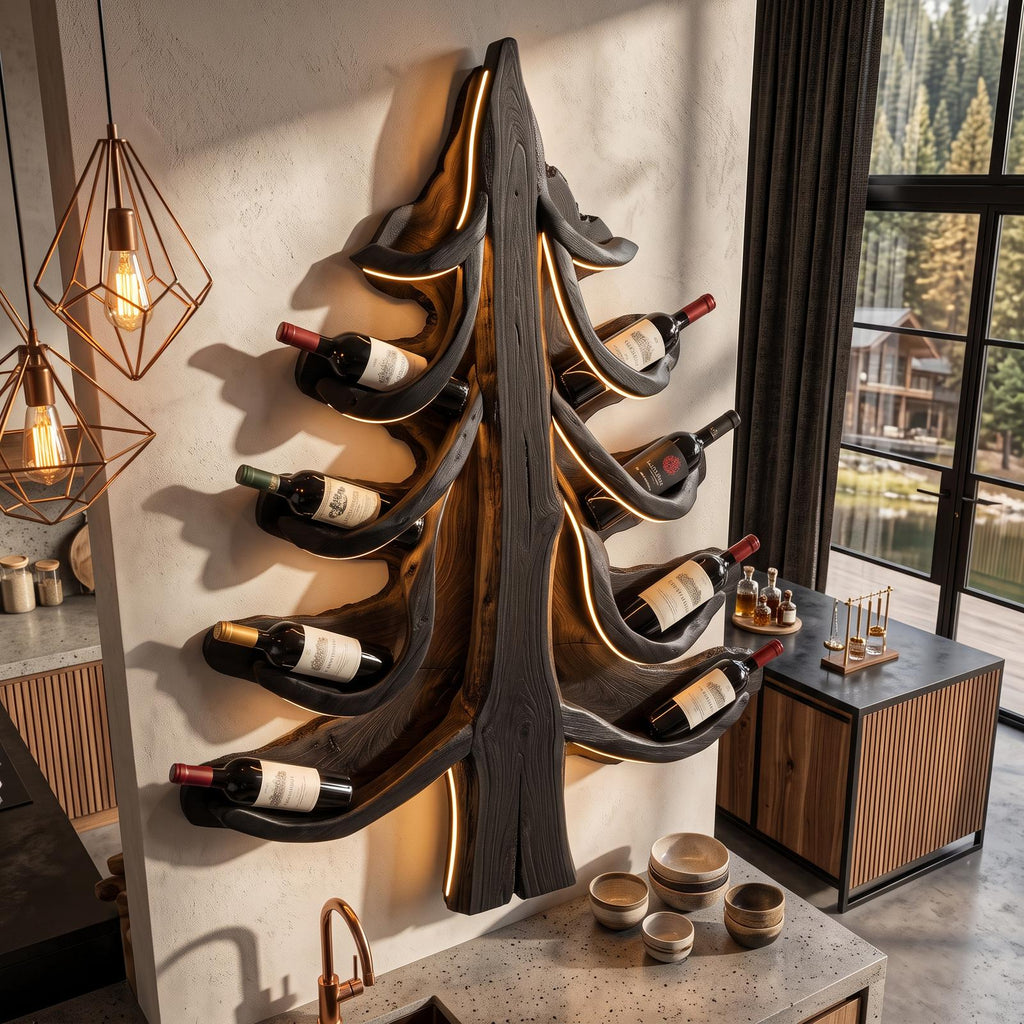 Modern Wine Display Rack With Sculptural Pine Tree Design For Home Bar
