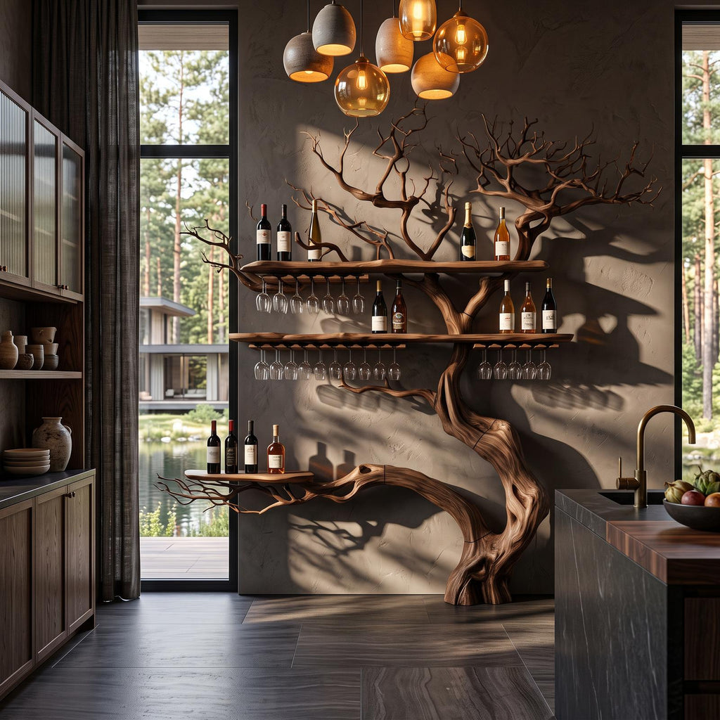 Farmhouse Wall Hanging Wine Rack With Rustic Tree Silhouette For Dining Room