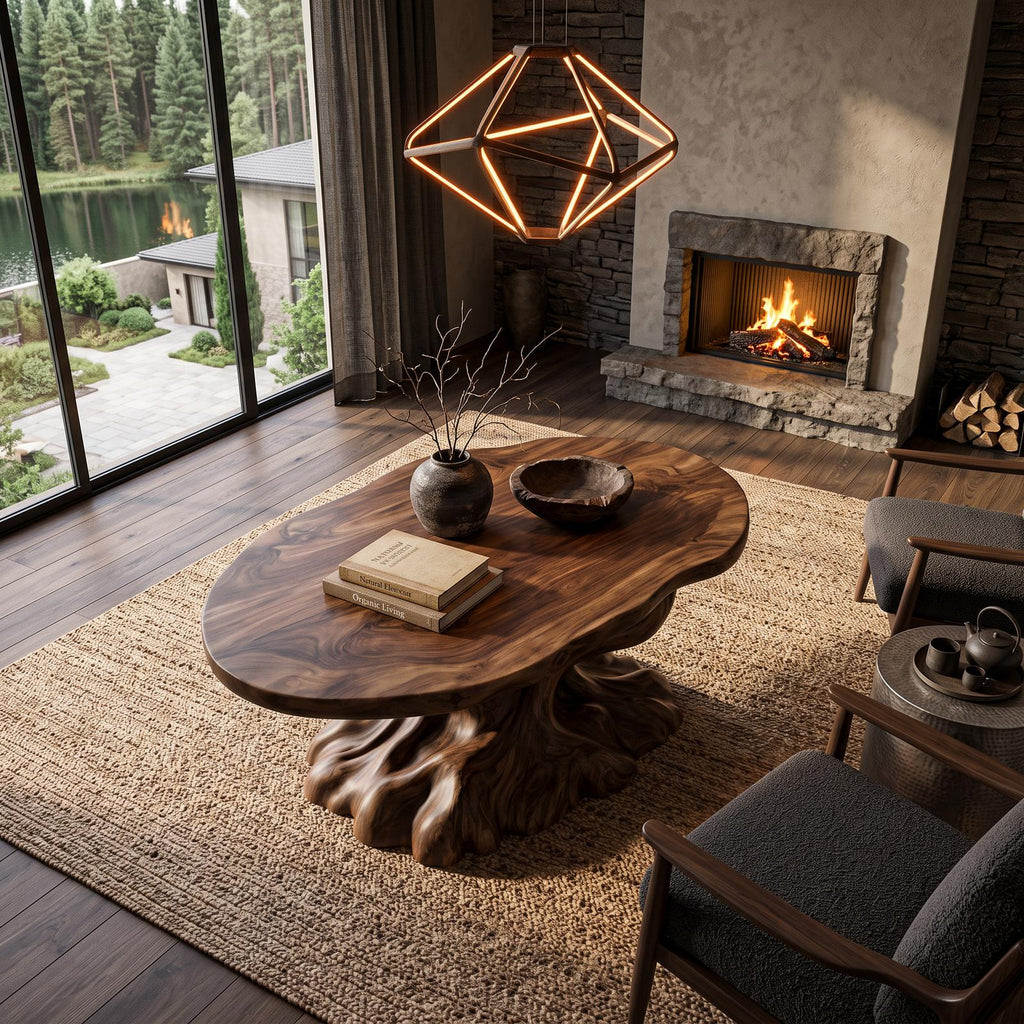 Rustic Coffee Table With Tree Root Inspired Base For Living Room