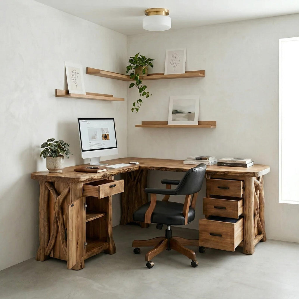 Modern Rustic L-Shape Office Desk with Storage, Solid Wood Corner Workstation, Study Writing Table