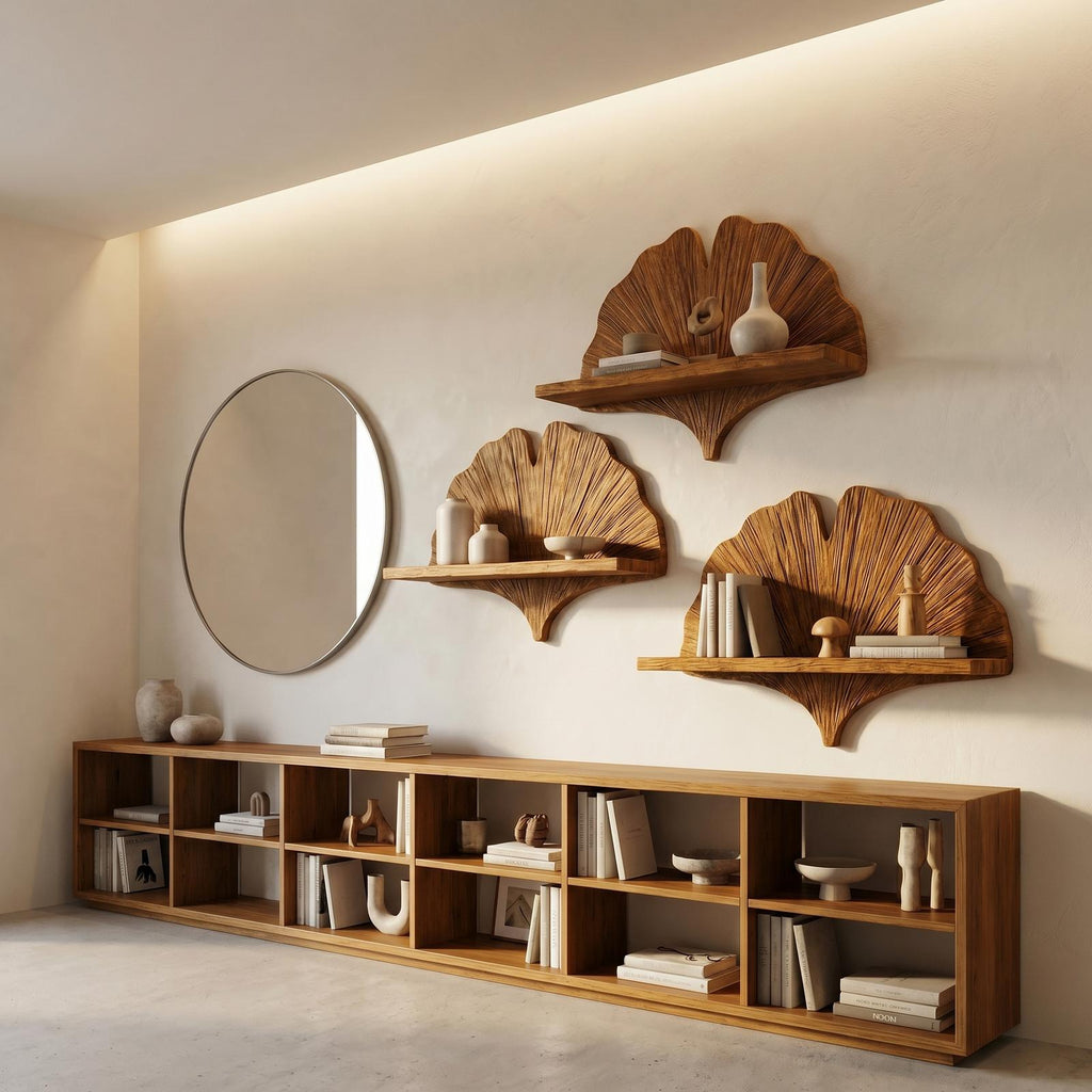 Teezano Fan Shape Wooden Floating Wall Shelf, Solid Wood Corner Display & Decorative Mounted Shelf for Living Room, SINLHAFL531