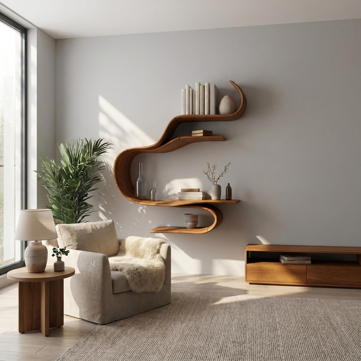 Sculptural Curved Floating Wall Shelf, Modern Solid Wood Display Shelf for Living Room, Bedroom Decor