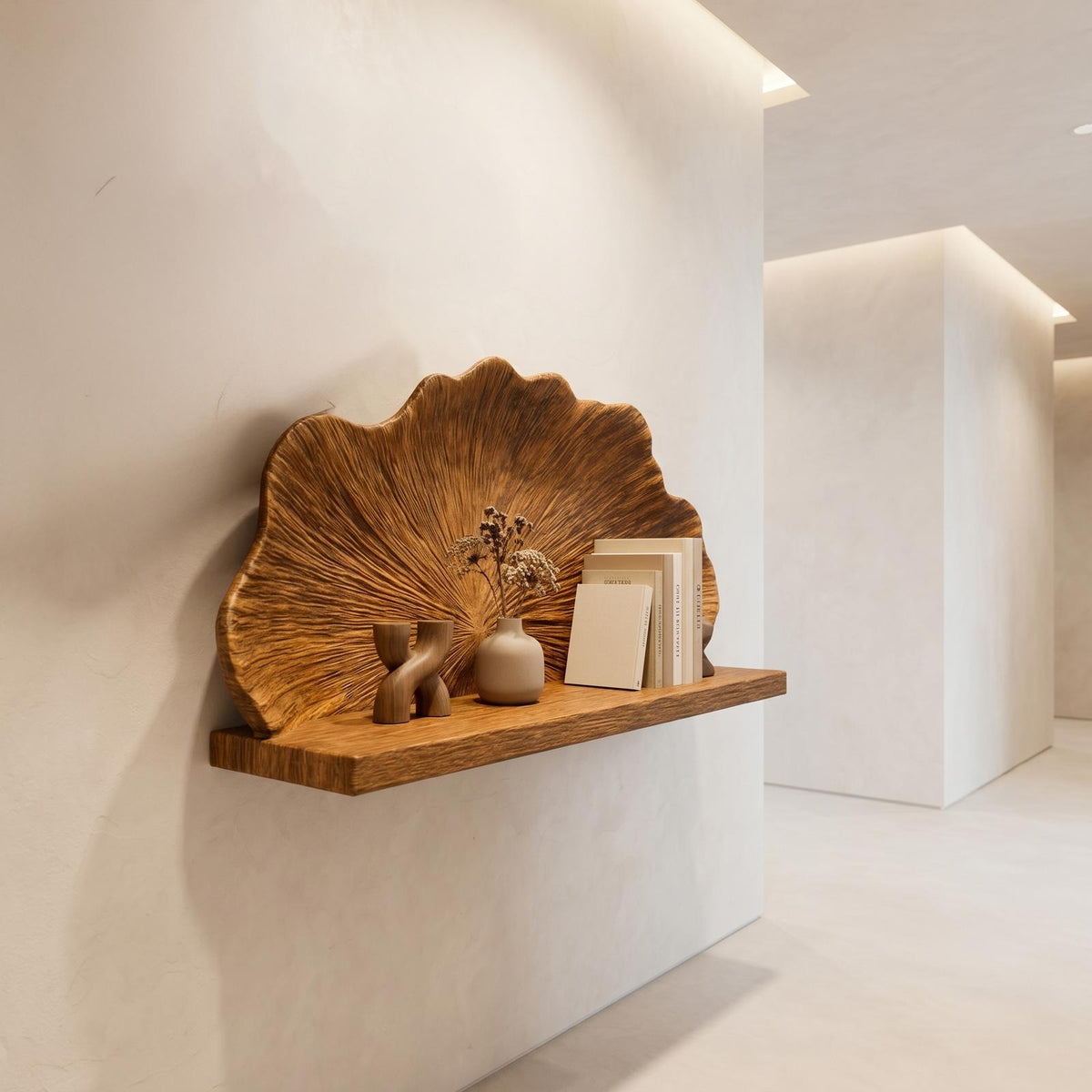 Spry Interior Carved Shell Shape Floating Wall Shelf, Decorative Solid Wood Hanging Ledge for Bedroom Living Room, SINLHAFL537