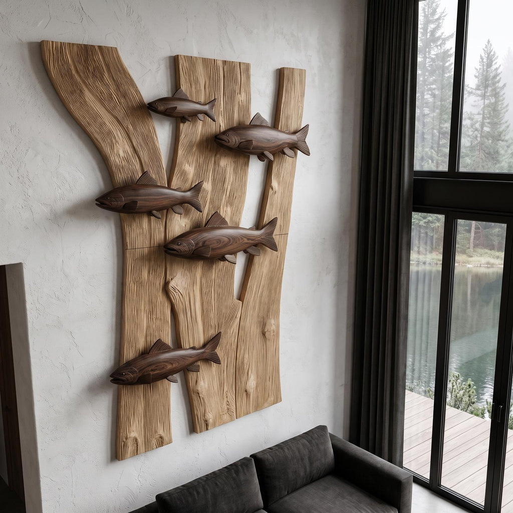 Contemporary Wooden Fish Wall Decor With Sculptural River Scene For Living Room And Entryway SINLHAWA142