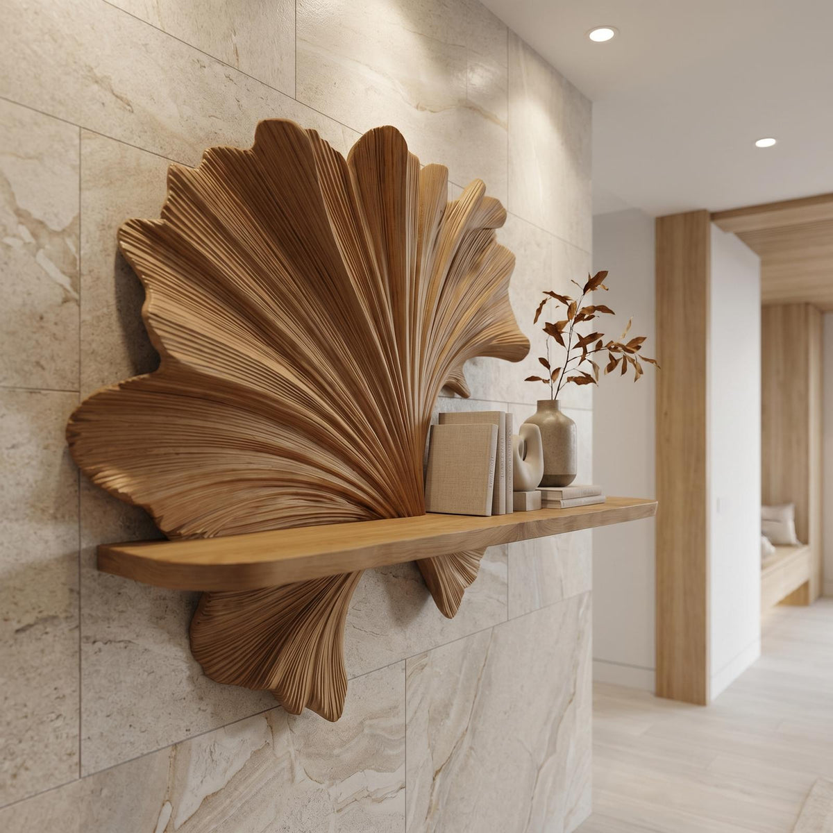 Carved Fan Shape Floating Wall Shelf, Handcrafted Solid Wood Decorative Display Ledge for Living Room