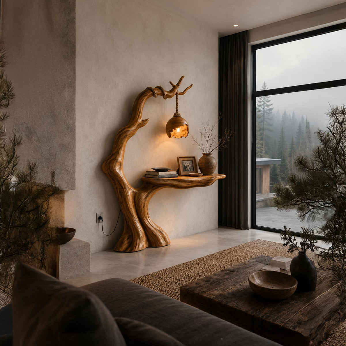 Organic Console Table With Tree Branch Floor Lamp Design For Entryway And Living Room SINLHACS689