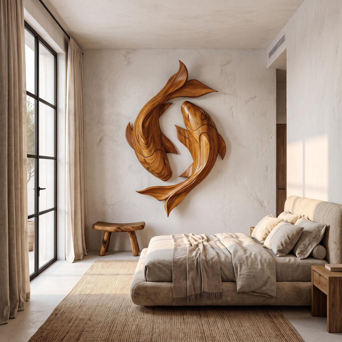 Contemporary Wood Wall Sculpture With Carved Koi Fish Design For Living Room And Office SINLHAWA143