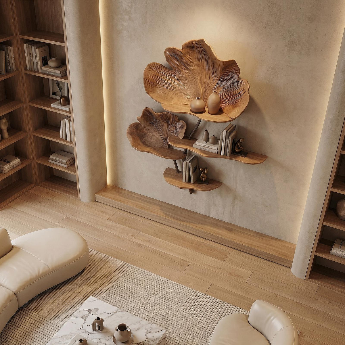 Organic Tree Wall Shelf, Leaf Shape Design Floating Solid Wood Display Rack for Bedroom Living Room
