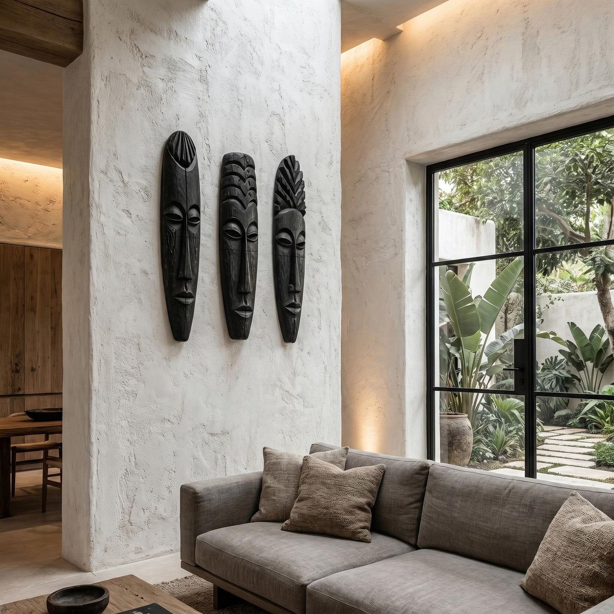 Tribal Wooden Wall Art Set, Hand-Carved African Mask Design Wooden Plaque for Entryway & Living Room