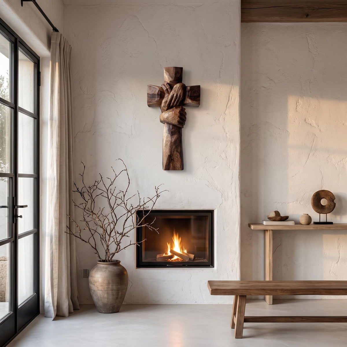 Rustic Wood Cross Wall Art With Praying Hands Design For Living Room And Prayer Room SINLHAWA146