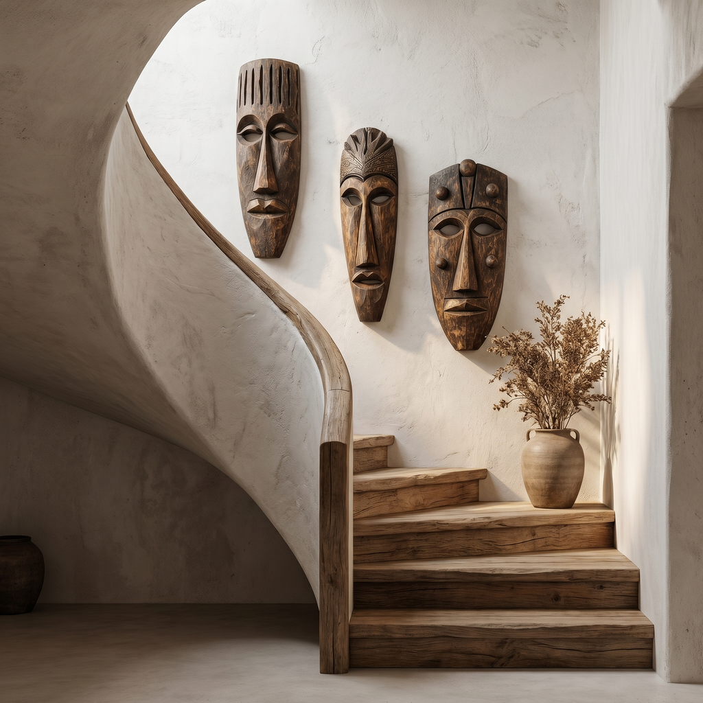 Hand-Carved Wooden Wall Art Set, Tribal Mask Decorative Wood Hanging Sculptures for Living Room & Entryway