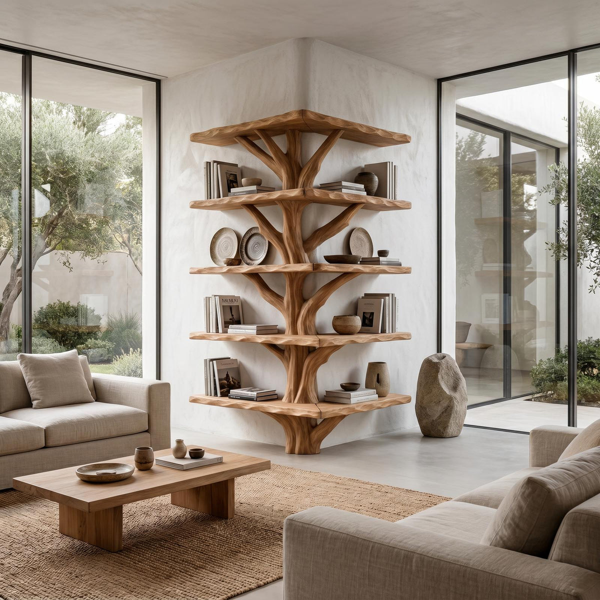 Organic Modern Tree Bookcase, Artistic Branch Solid Wood Storage Rack for Home Office & Study Room