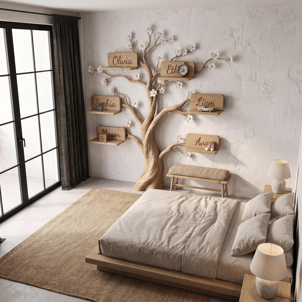 Natural Custom Family Tree Shelf With Heart Name Plaques For Living Room And Entryway