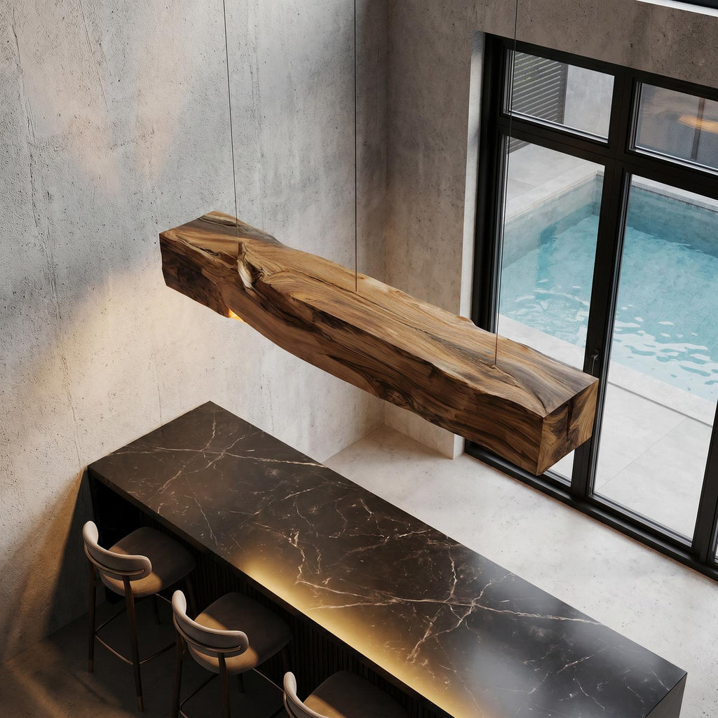 Organic Modern Pendant Light, Sculptural Wood Beam Hanging Ceiling Fixture for Kitchen Island & Living Room, Model
